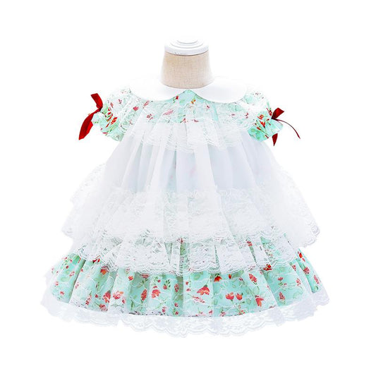 Kid Girl Contrast Collar Floral Print Mesh Spanish Gown Dress