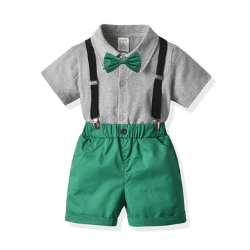 Four-piece Little Boy Gentleman Outfits Shirt & Shorts & Suspender & Bowtie