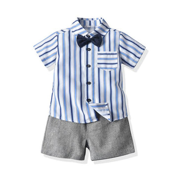 Little Boys Formal Gentalman Outfits Stripe Bow Tie Bodysuit Top Suspender Shorts