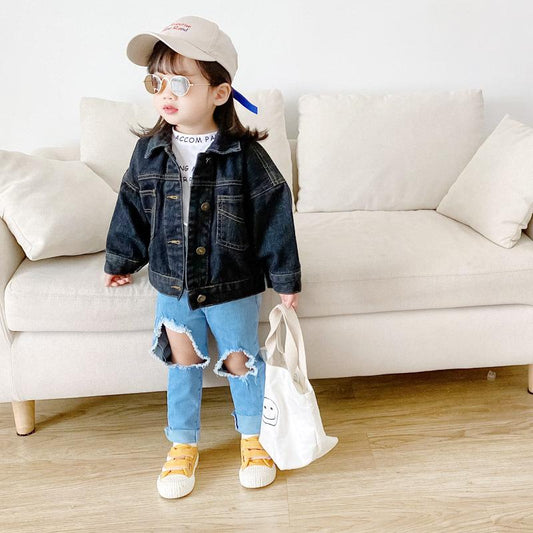 Cute Little Girl Denim Jacket In Black