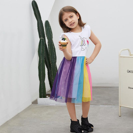 Kid Girl Unicorn Print Rainbow Mesh Dress