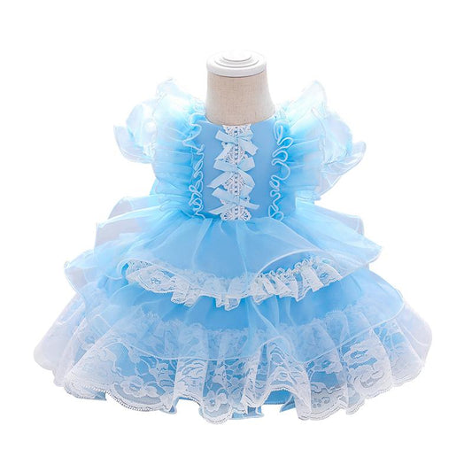 Kid Girl Bow Tiered Layered Ruffle Hem Mesh Gown Dress