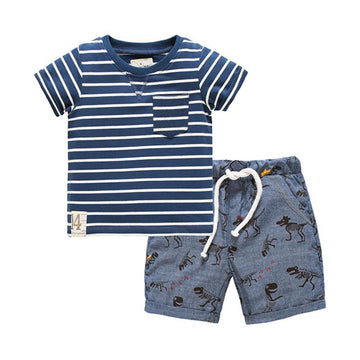 2 PCS Kid Boy Stripe Tee And Dinosaur Shorts Set