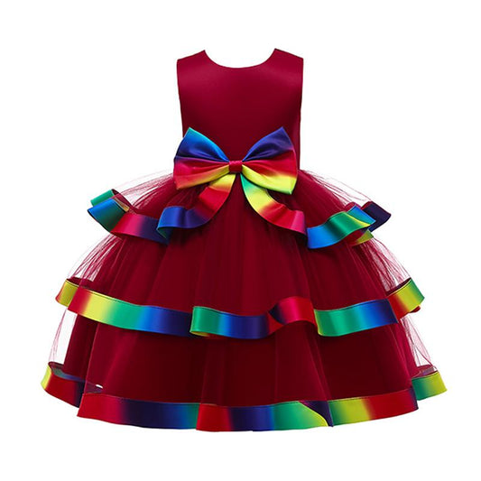 Fashion Girl Party Bow Rainbow Tiered Layered Princess Dress