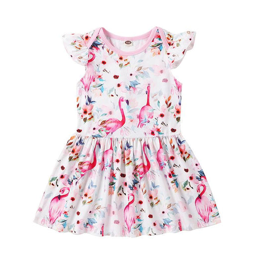 Kid Girl Flamingo Print Ruffle Hem Dress