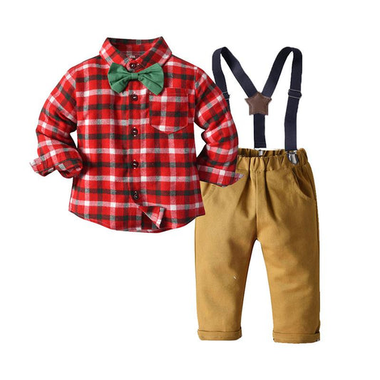 Cute Two Pieces Little Boy Check Bowtie Shirt With Suspeneder Pants Set