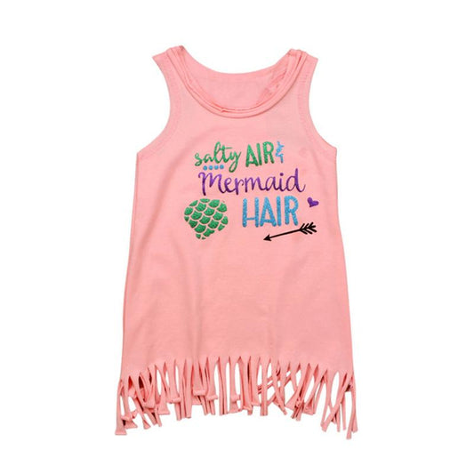 Girl Salty Air Mermaid Hair Print Tassel Hem Tank Dress