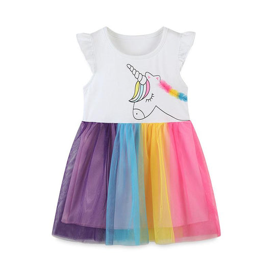 Kid Girl Unicorn Print Rainbow Mesh Dress