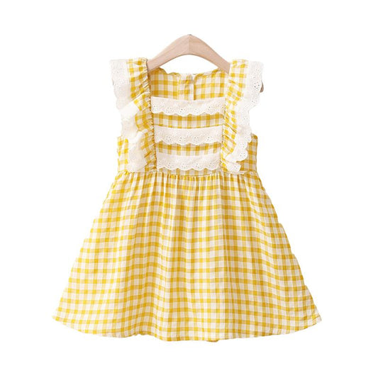 Kid Girl Frill Trim Lace Plaid Dress