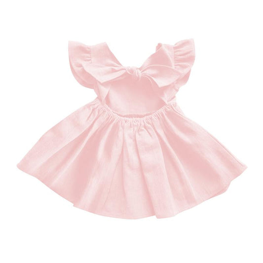 Little Girl Flutter Sleeve Backless Plain Dress