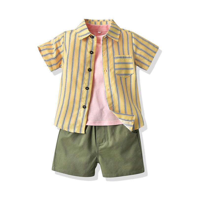 3-Piece Little Boy Plaid Or Stripe Shirt &  Solid Color Tee & Shorts Set