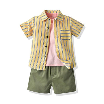 3-Piece Little Boy Plaid Or Stripe Shirt &  Solid Color Tee & Shorts Set