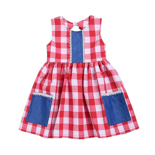 Kid Girl Backless Check Patchwork Tank Dress