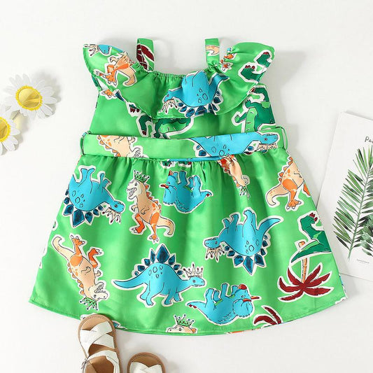 Kid Girl Dinosaur Pattern Off Shoulder Belted Dress