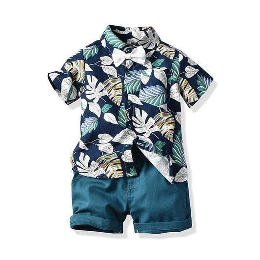 2 Pieces Little Boys Tropical Print Bowtie Shirt With Shorts Set