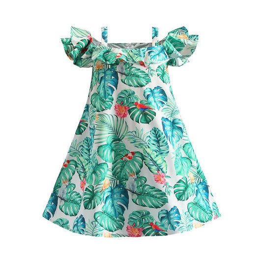 Kid Girl Summer Off Shoulder Dress With Leaves Flower Print