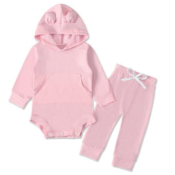2 Pieces Set Baby Solid Color Hooded Bodysuit And Pants