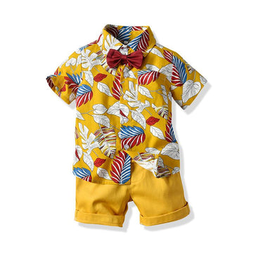 2 Pieces Little Boys Tropical Print Bowtie Shirt With Shorts Set