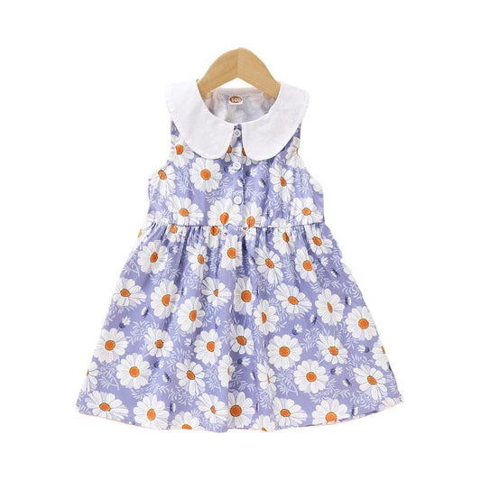 Little Girl Doll Collar Sleeveless Flower Pattern Dress