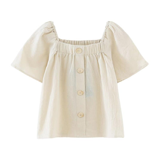 Big Girl Puff Sleeve Button Trim Top