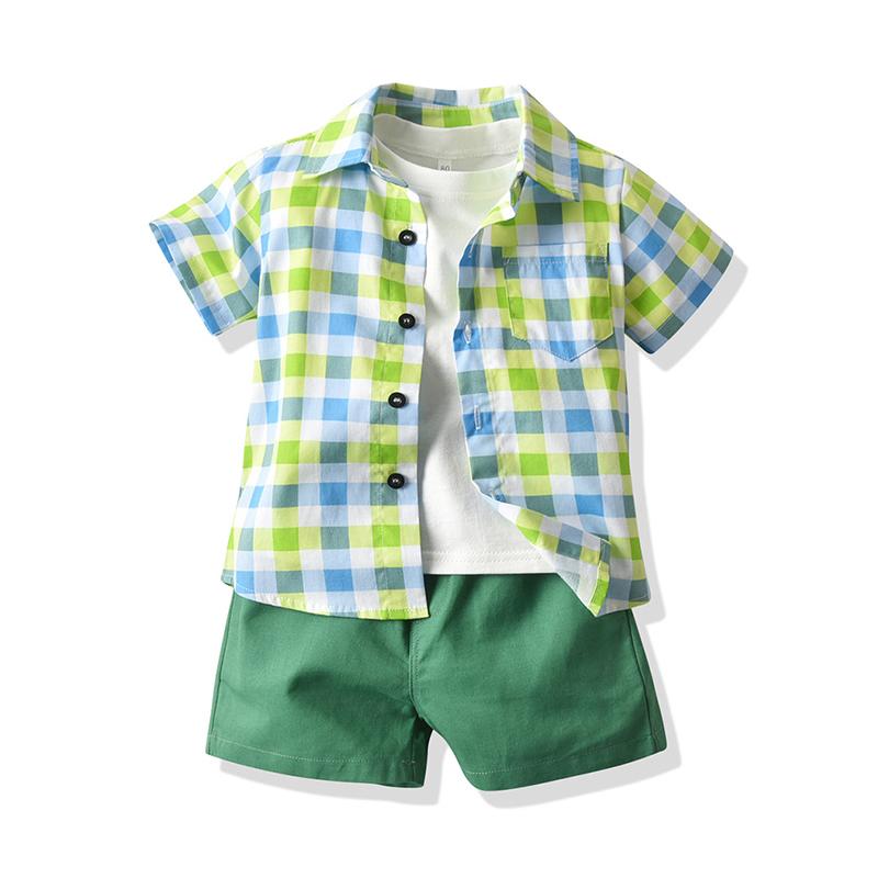 3 Pieces Kid Boy White Tee & Plaid Shirt & Shorts Set