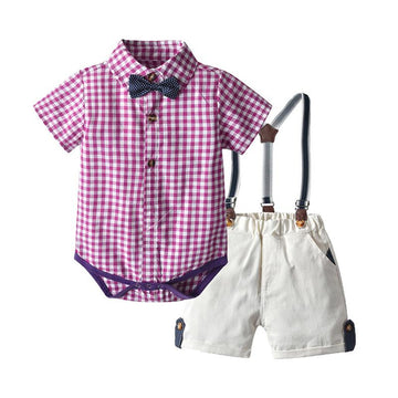 Two Pieces Baby Boy Outfit Checked Shirt Bodysuit Matching Suspender Shorts