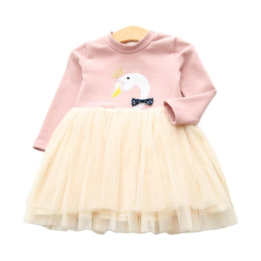 Kid Girl Embroidery Swan Crown Mesh Dress