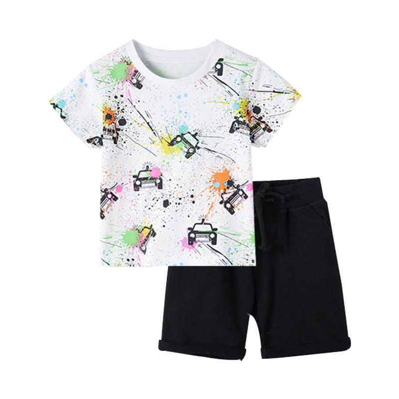 2-Piece Kid Boy Car Print Graffiti Top And Shorts Set