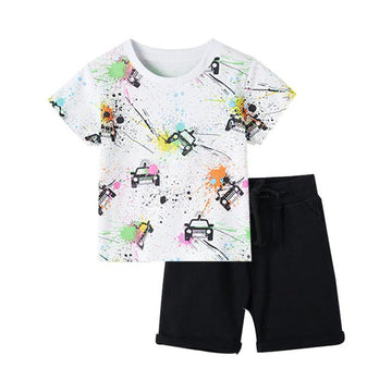 2-Piece Kid Boy Car Print Graffiti Top And Shorts Set