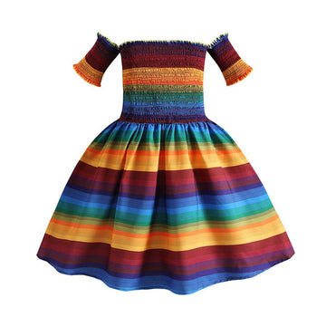 2021 summer new rainbow off-shoulder pleated princess dress