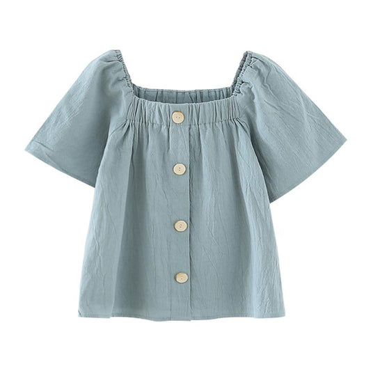 Big Girl Puff Sleeve Button Trim Top