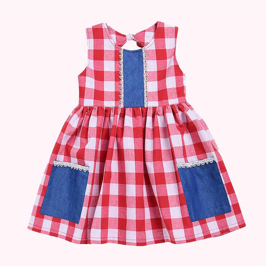 Kid Girl Backless Check Patchwork Tank Dress