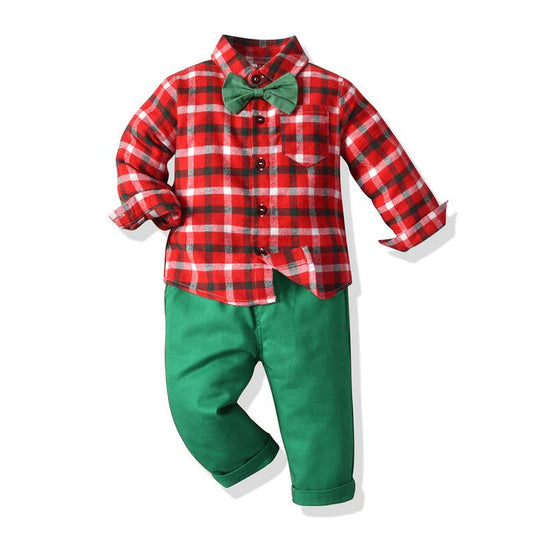 Cute Two Pieces Little Boy Check Bowtie Shirt With Suspeneder Pants Set