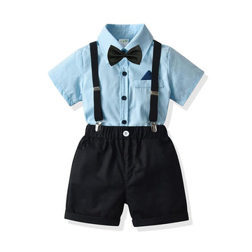 2-Piece Baby Toddler Kid Boy Bow Tie Blue Shirt & Suspender Shorts Outfit