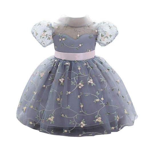 Fashion Kid Girl Embroidery Flower Puff Sleeve Party Dress