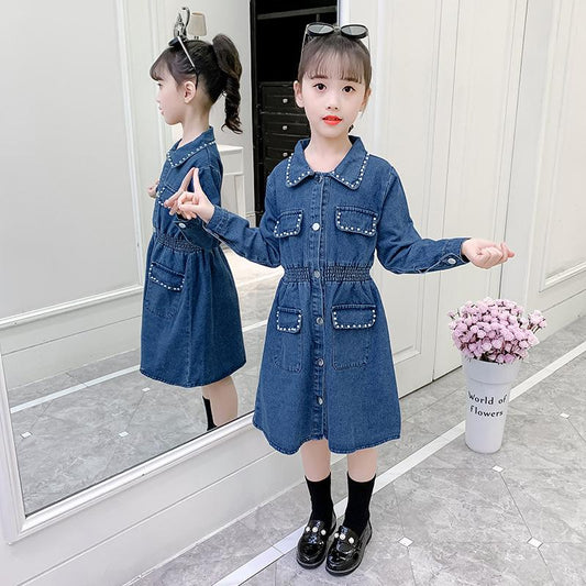 Kid Girl Turn Down Collar Beaded Decor Denim Dress