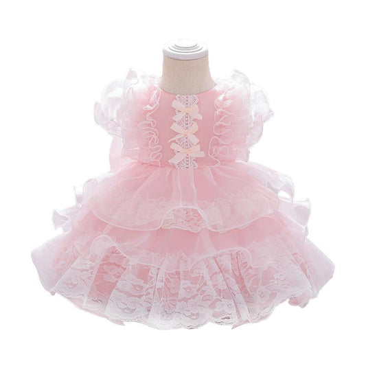 Kid Girl Bow Tiered Layered Ruffle Hem Mesh Gown Dress