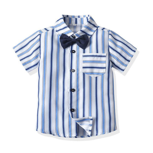 Little Boys Formal Gentalman Outfits Stripe Bow Tie Bodysuit Top Suspender Shorts