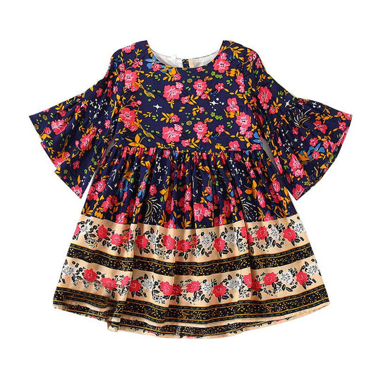 Kid Girl Boho Floral Graphic Flared Sleeve Dress