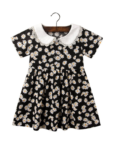 Kid Girl Contrast Collar Floral Print Dress