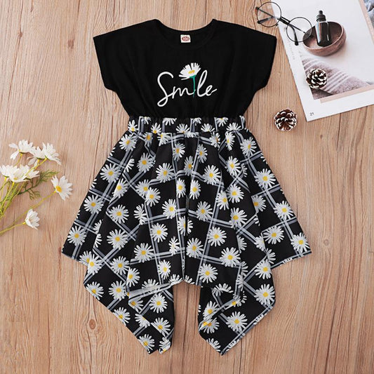 Girl Irregular Hem Smile Daisy Flower Print Dress