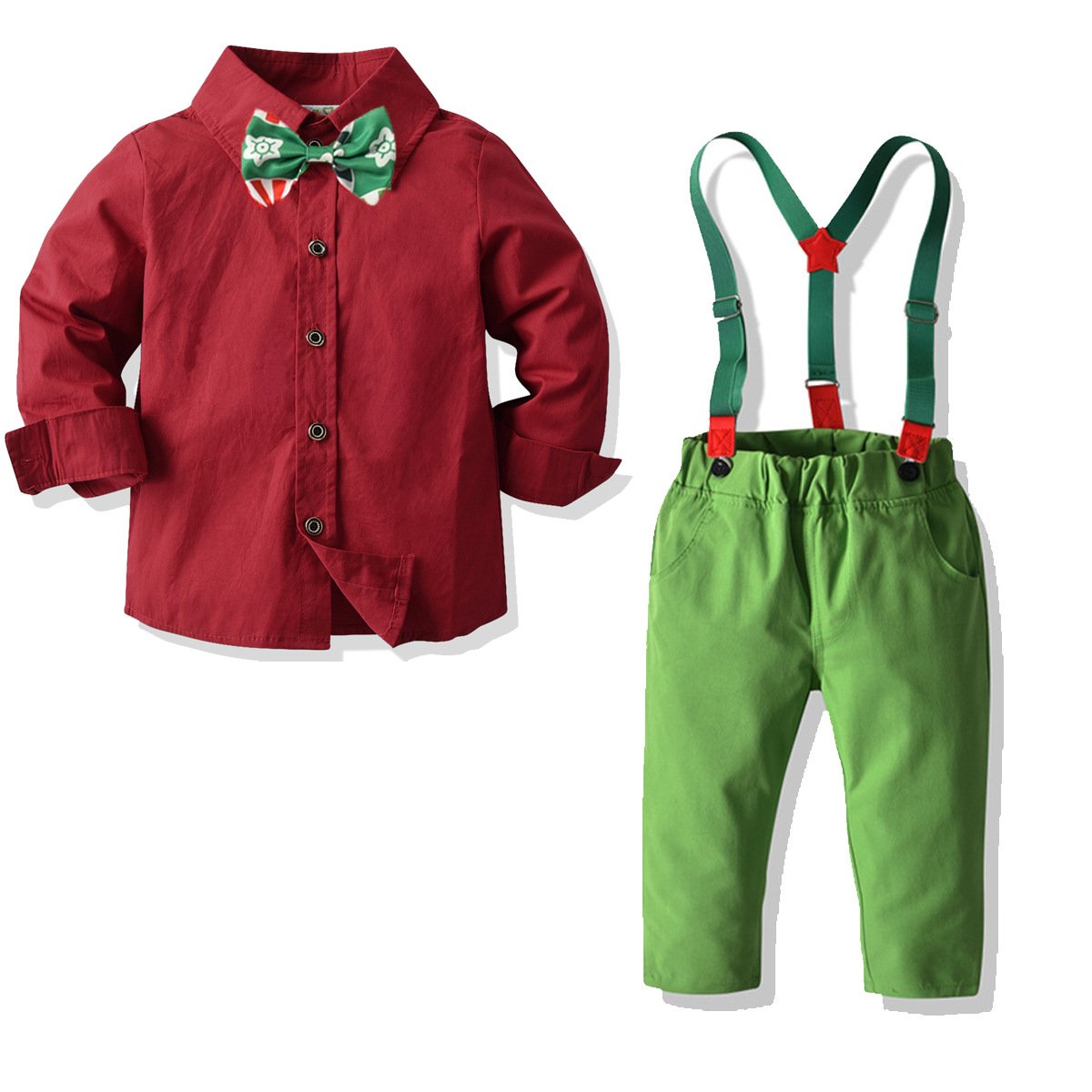 2 Pieces Kid Boy Outfit Color Blocking Bowtie Shirt Matching Overall Pants
