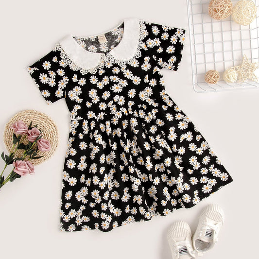 Kid Girl Contrast Collar Floral Print Dress