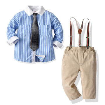 2 Pieces Kid Boy Outfit Bow Tie Stripe Shirt & Overall Pants